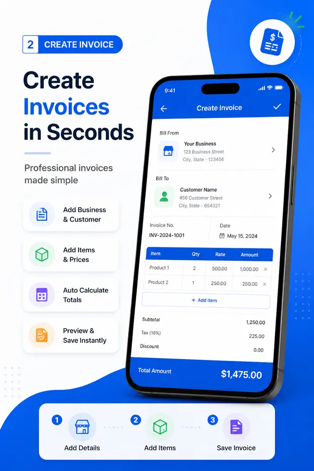 Invoice & Quotation Generator app creating an invoice on an Android phone