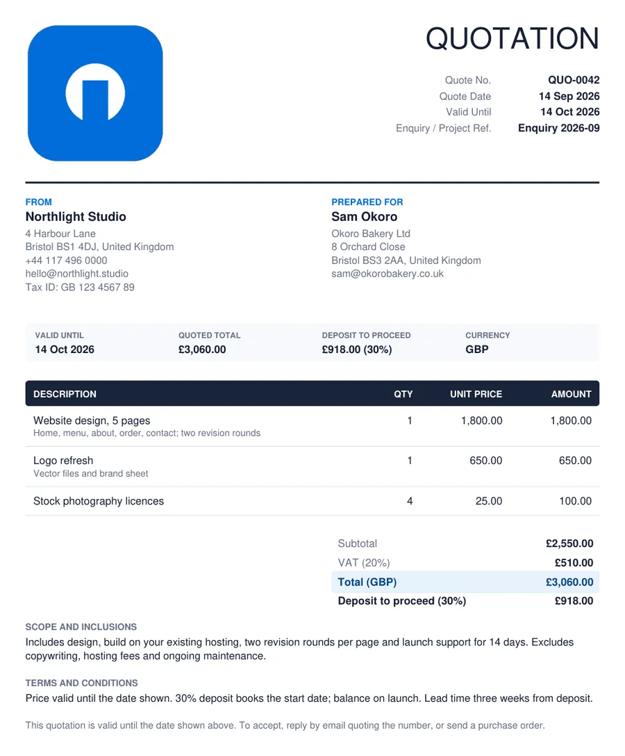 Example of a quotation created with the free quotation maker: from and prepared for, valid-until date and deposit strip, itemised lines with unit prices, totals with deposit to proceed, scope and terms