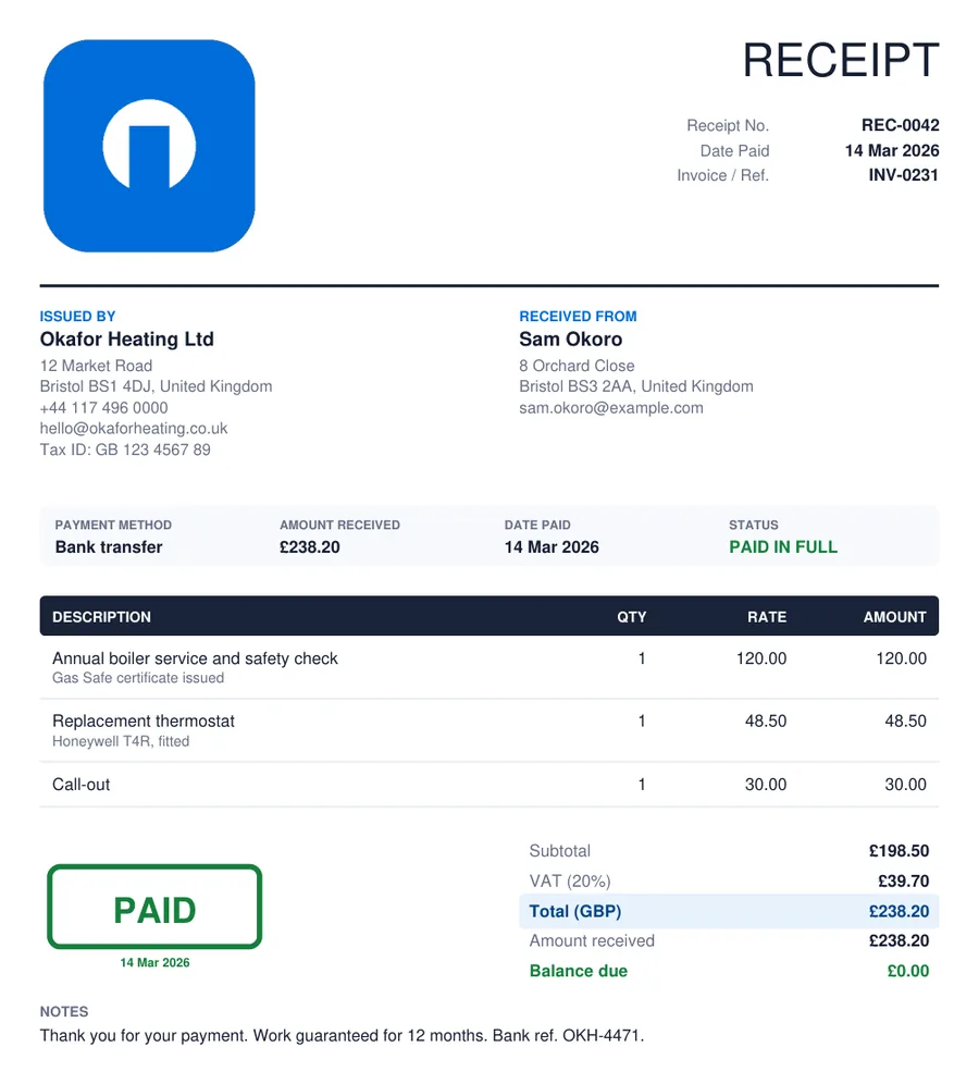 Example of a receipt created with the free receipt maker: issued by and received from, payment method and amount received, itemised lines, totals with balance due and a PAID stamp