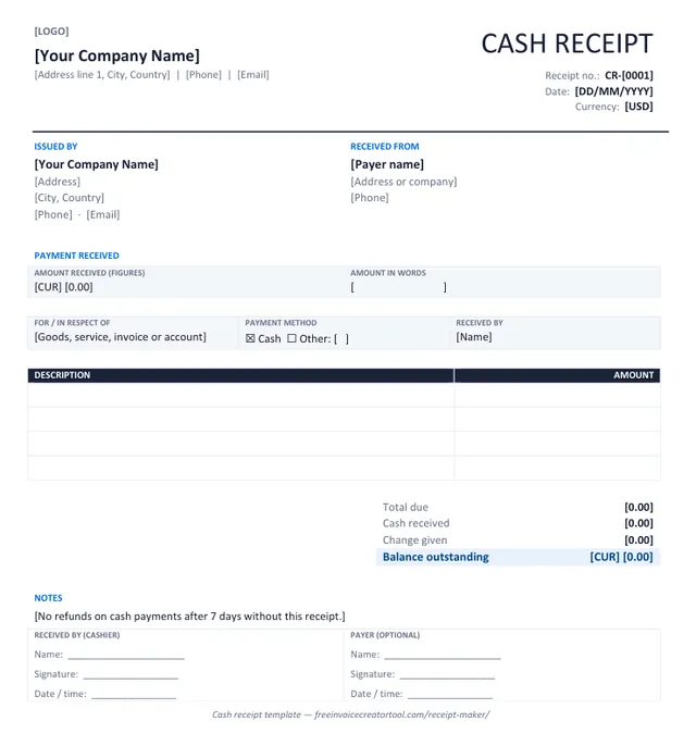 Preview of the cash receipt template in Microsoft Word