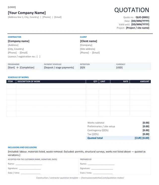Preview of the construction / contractor quotation template in Microsoft Word