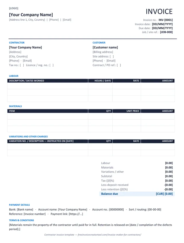 Preview of the contractor invoice template in Microsoft Word
