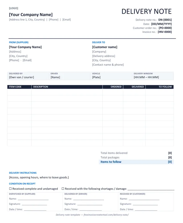Preview of the delivery note template in Microsoft Word