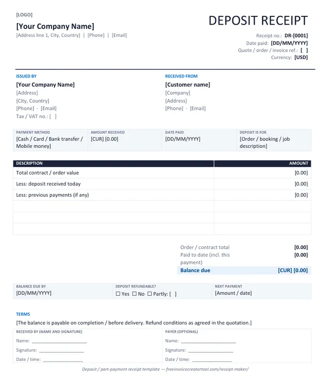 Preview of the deposit / part-payment receipt template in Microsoft Word