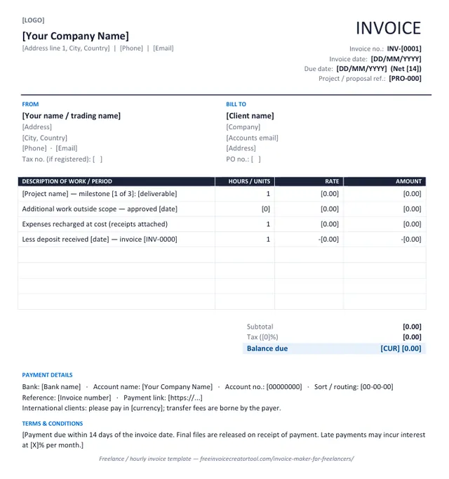 Preview of the freelance / hourly invoice template in Microsoft Word