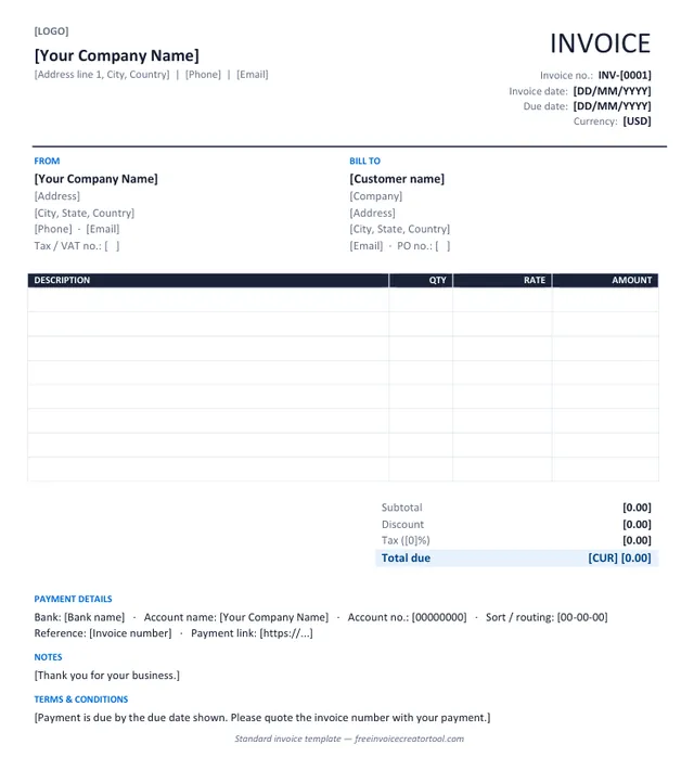 Preview of the standard invoice template in Microsoft Word
