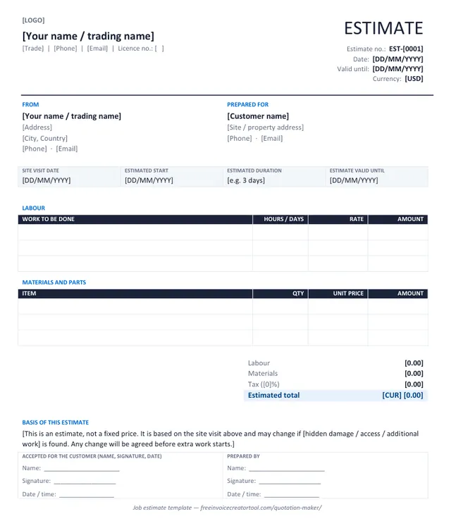 Preview of the job estimate (trades) template in Microsoft Word