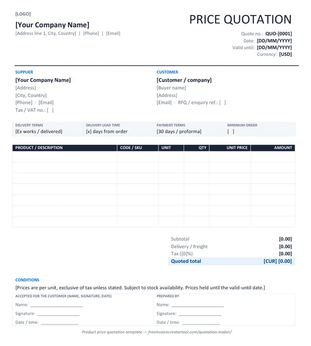 Preview of the product price quotation template in Microsoft Word