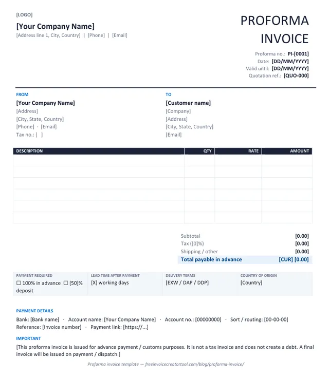 Preview of the proforma invoice template in Microsoft Word