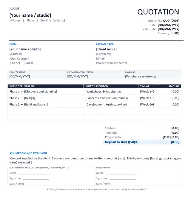 Preview of the project quotation (phases) template in Microsoft Word