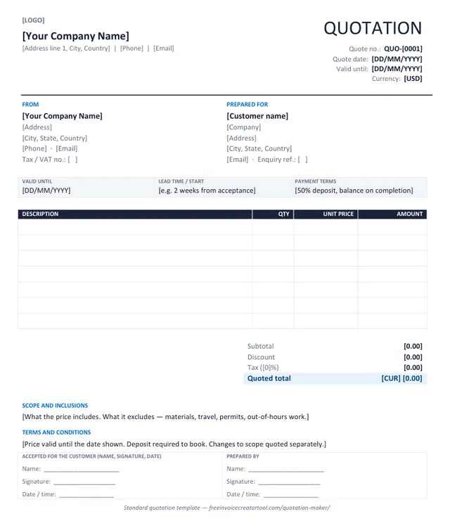 Preview of the standard quotation template in Microsoft Word