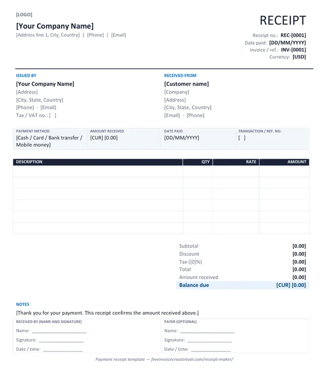 Preview of the payment receipt template in Microsoft Word