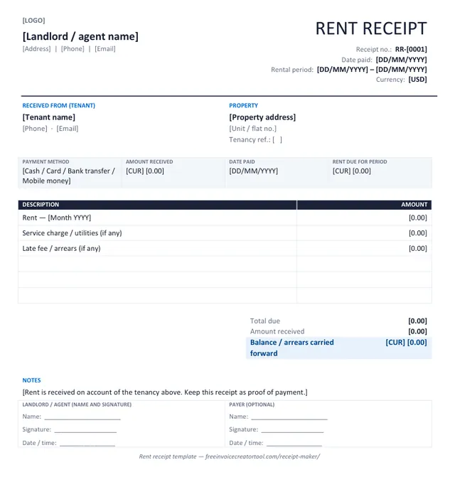 Preview of the rent receipt template in Microsoft Word