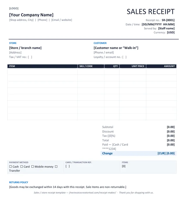 Preview of the sales / store receipt template in Microsoft Word