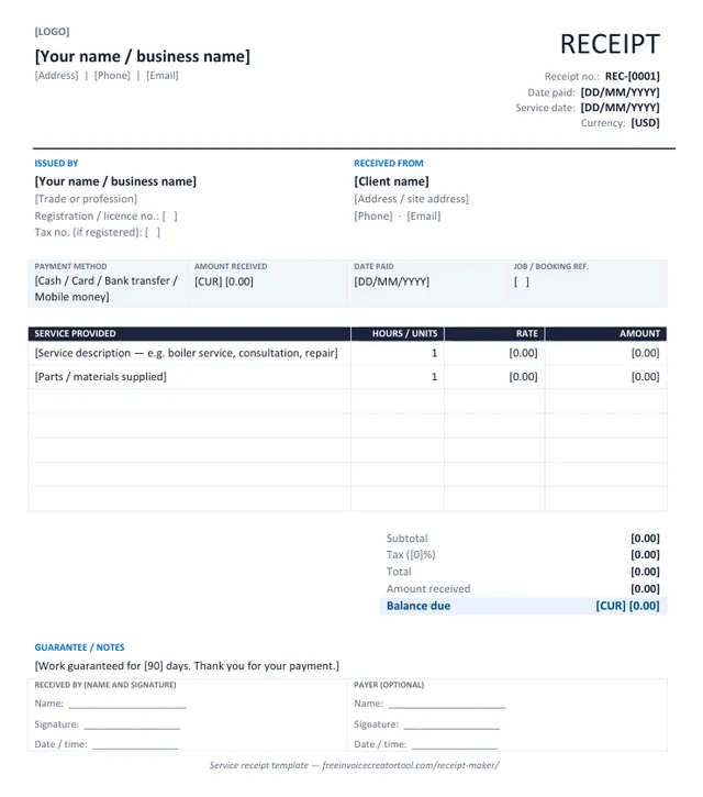 Preview of the service receipt template in Microsoft Word