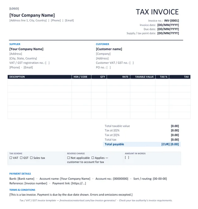 Preview of the tax invoice (vat / gst) template in Microsoft Word