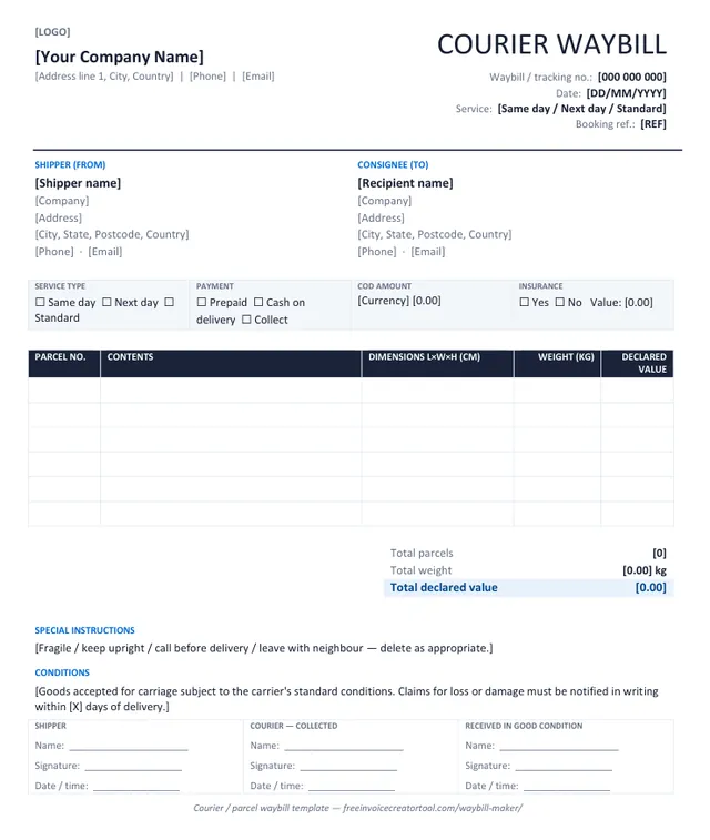 Preview of the courier / parcel waybill template in Microsoft Word