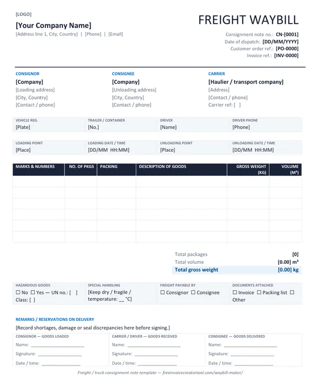 Preview of the freight / truck consignment note template in Microsoft Word