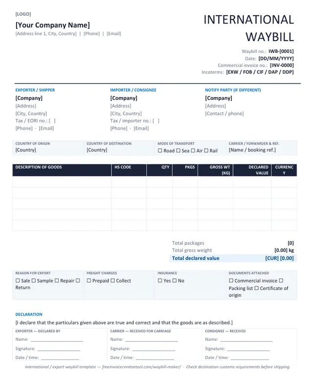 Preview of the international / export waybill template in Microsoft Word