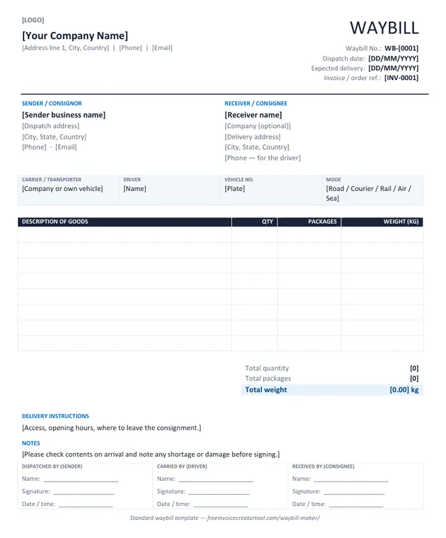 Preview of the standard waybill template in Microsoft Word