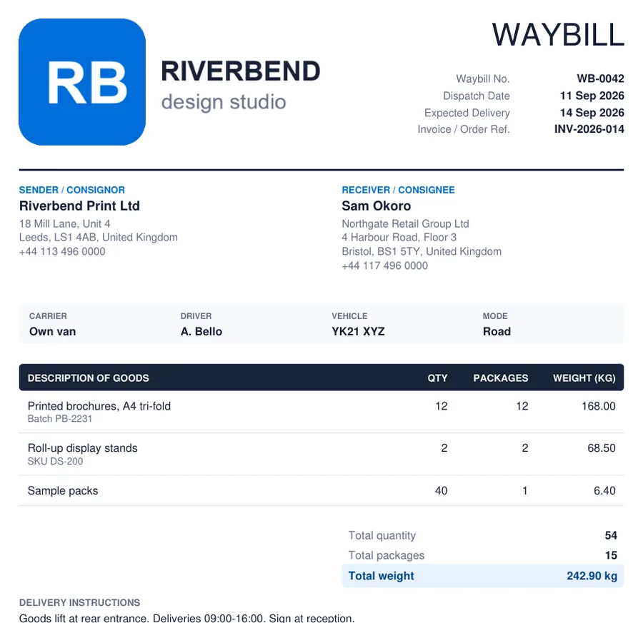 Example of a waybill created with the free waybill maker: sender and receiver, carrier, driver and vehicle, goods with quantity, packages and weight, and totals